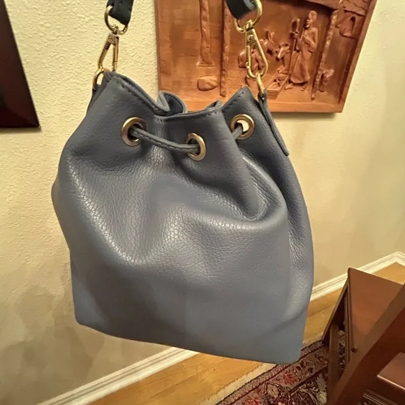 Blue Hobo Bag with Fringe and Gold Hardware - Picture 2 of 2